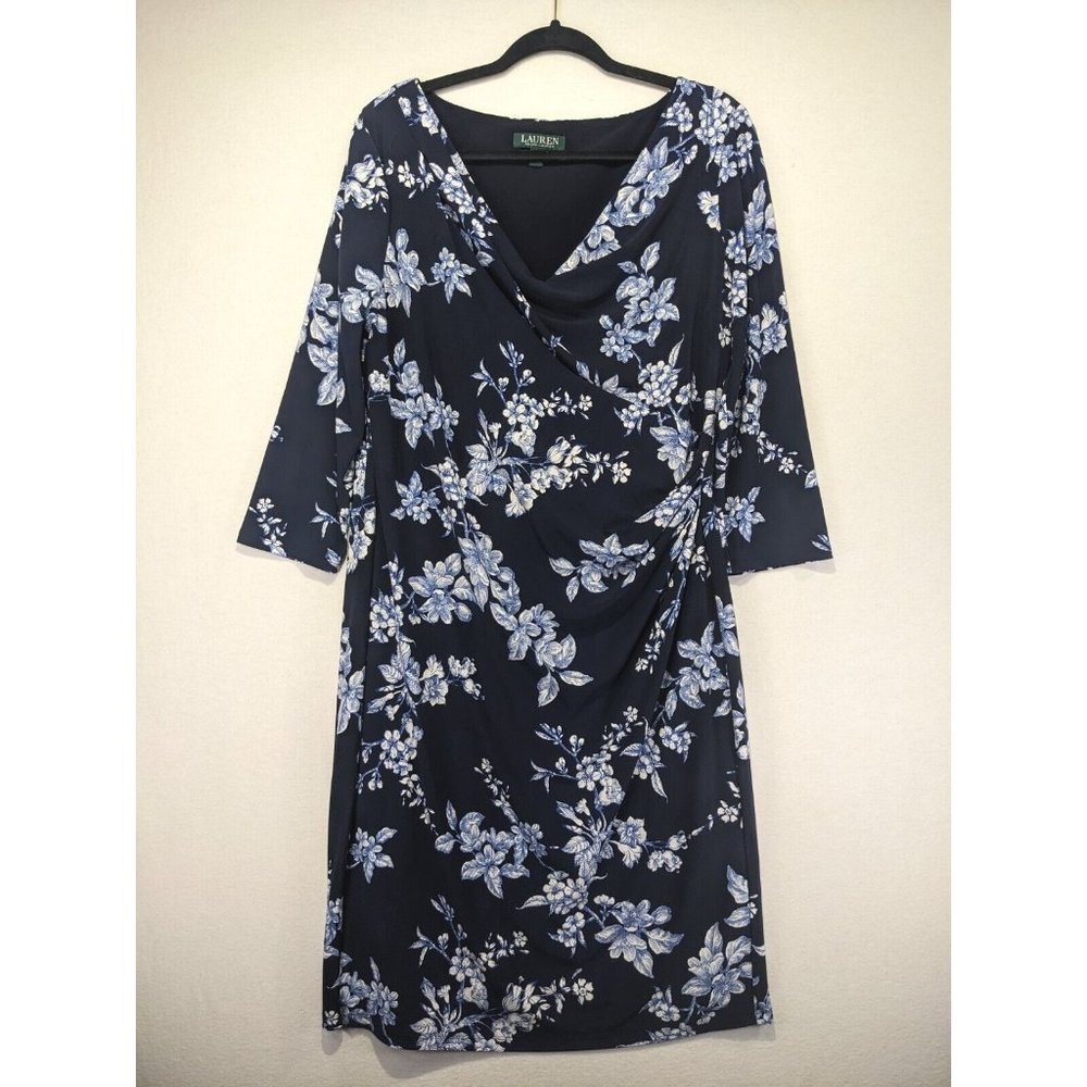 Lauren Ralph Lauren Dress Womens Size 16 Navy Floral Midi Ruched Business Career